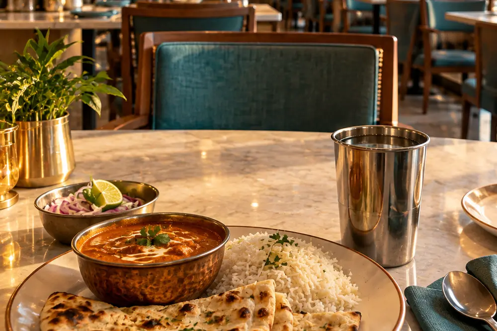 A plate of Indian food on a hotel restaurant table