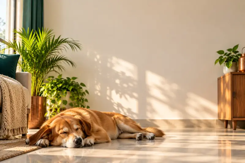 A dog relaxing in a bright living room