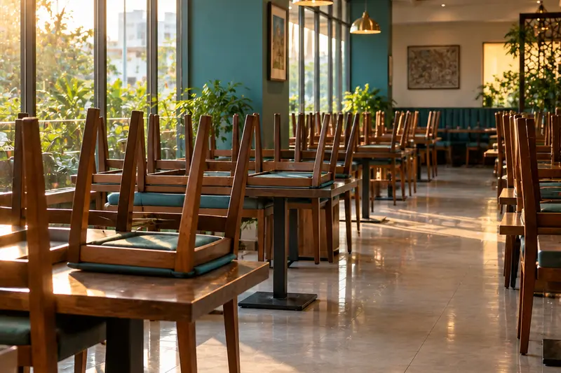 An empty restaurant dining area in the morning, chairs still on the tables