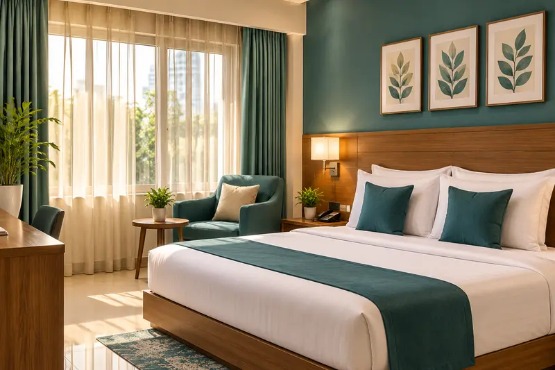 A neat hotel guest room with a freshly made bed