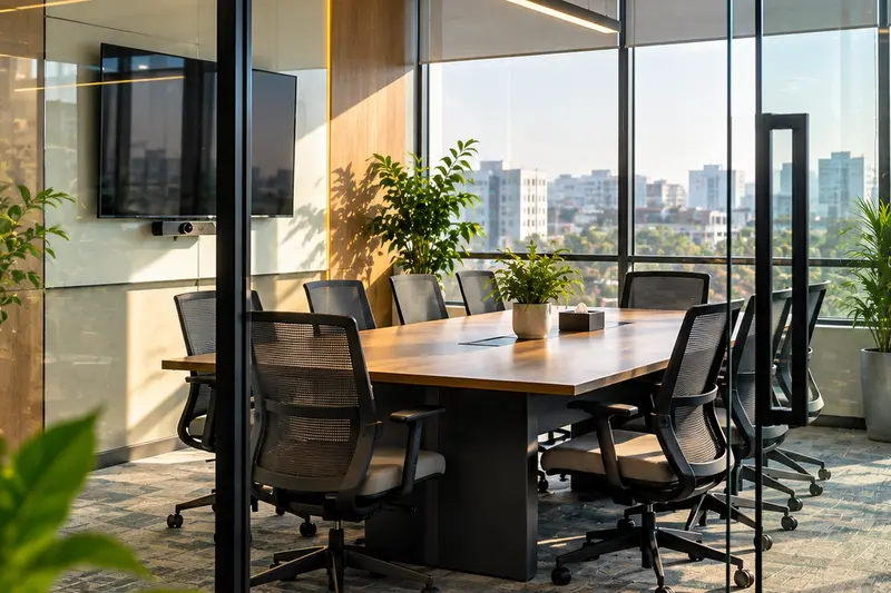 An empty glass-walled meeting room in a corporate office